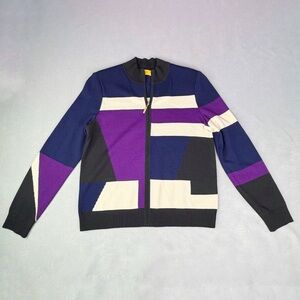 ST. JOHN Color Block Zip Wool Classic Academia Iconic Cardigan Sweater Medium M